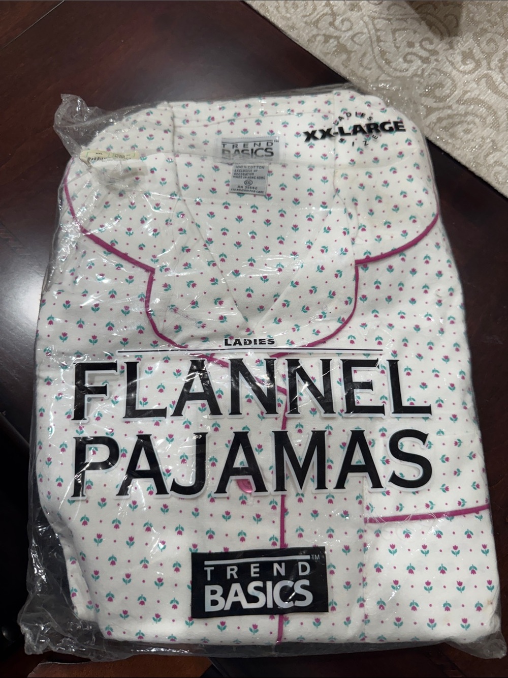 Ladies White Flannel Pajamas with Pink Trim